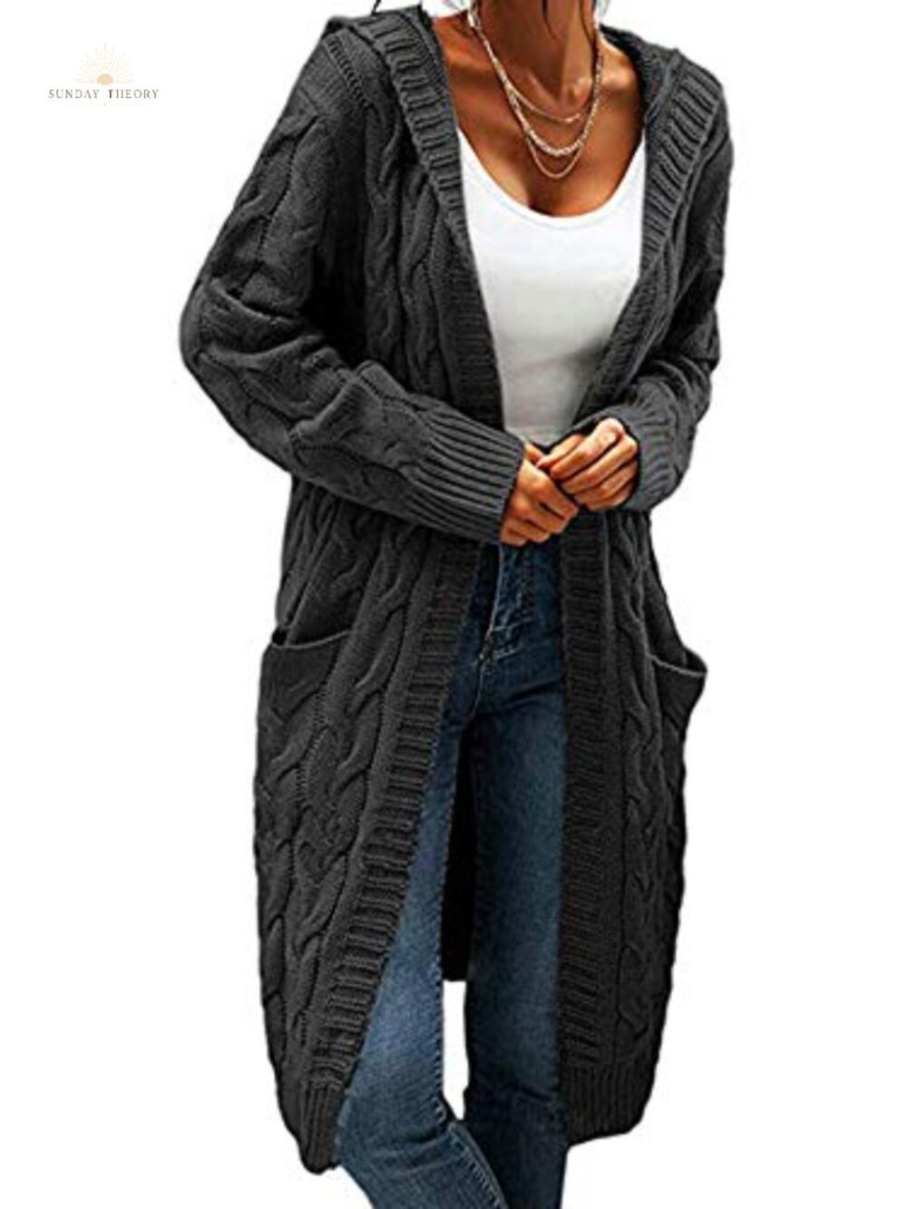 Hooded Open Front Cardigan Cable Knit Chunky Long Sweater Coat